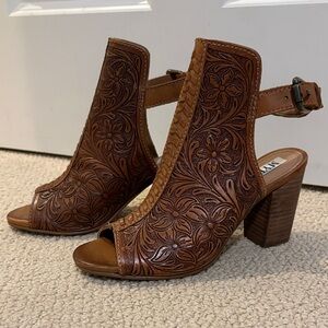 Myra Bag Brown Floral Tooled Leather Peep-Toe Heels